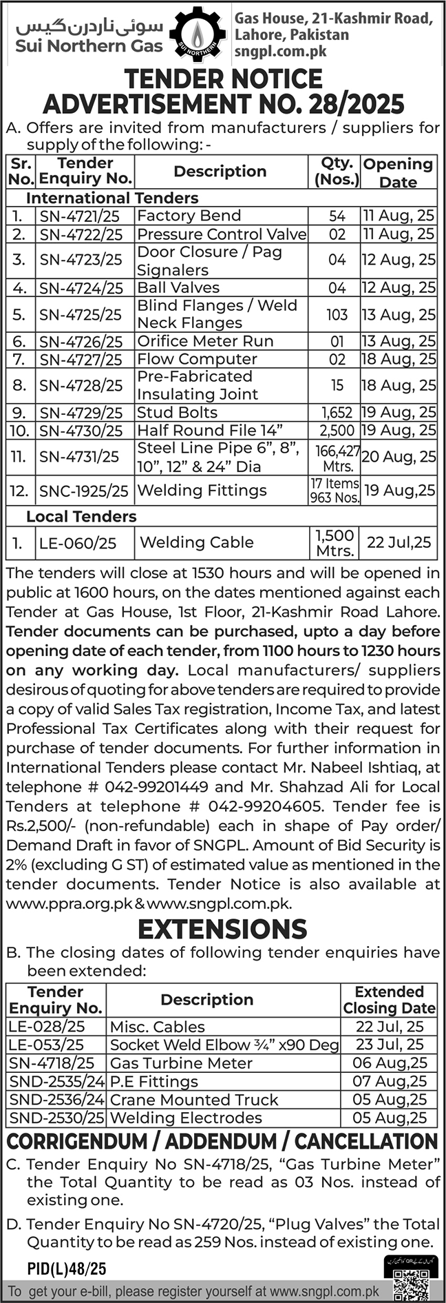 Sui Northern Gas Lahore Tender Notice